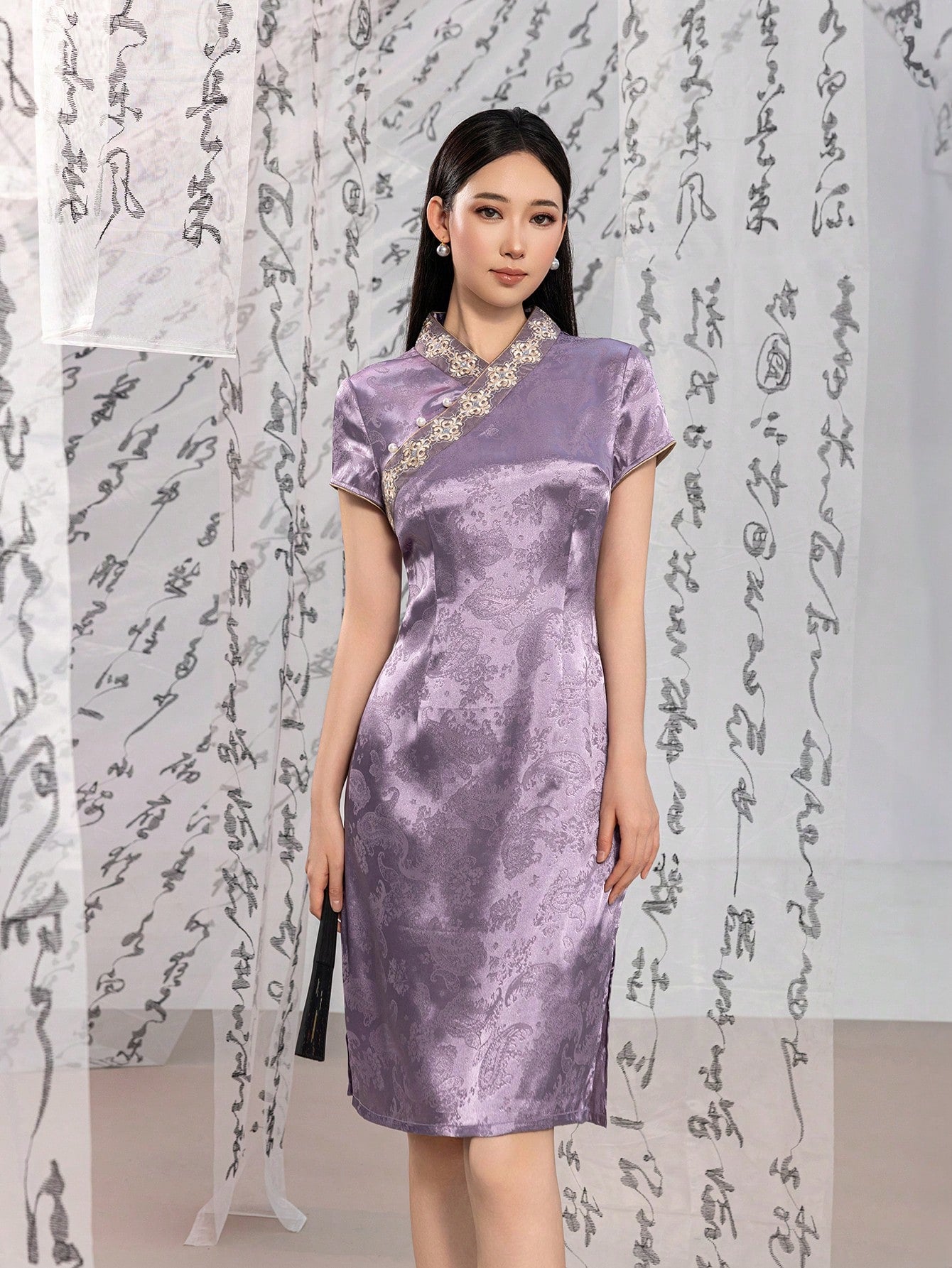 Short Sleeve Jacquard  Floral Designs New Chinese Style Cheongsam Qipao Dress