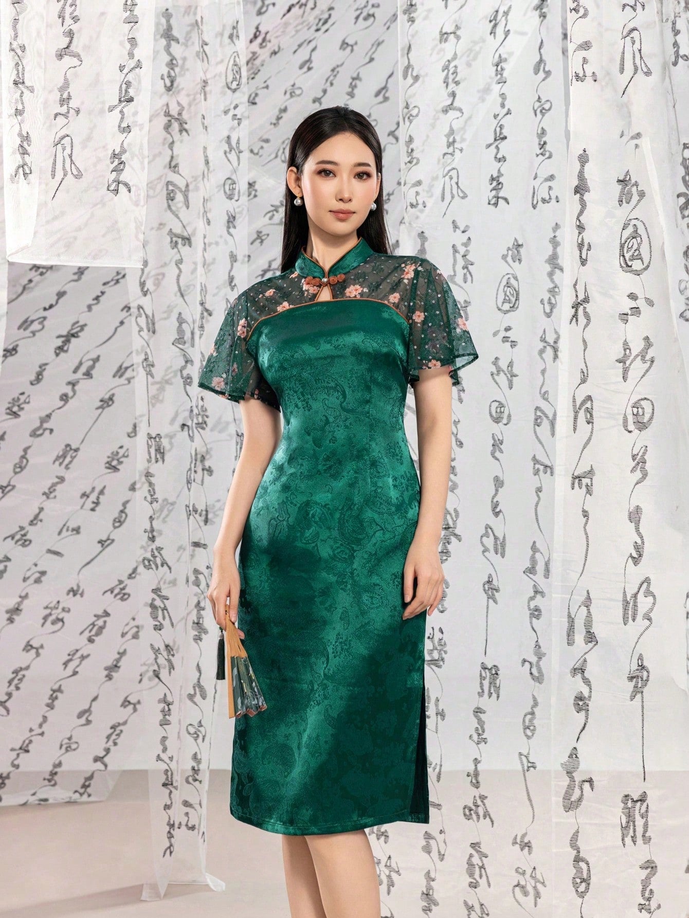 Women's Modern Chinese Cheongsam Dress with Elegant Mandarin Collar, Floral Sheer Lotus Leaf Sleeves & Side Slit | Perfect for Gala Dinners, Formal Events, Cultural Galas, Red Carpet Occasions & Luxury Business Functions