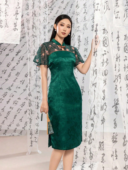Women's Modern Chinese Cheongsam Dress with Elegant Mandarin Collar, Floral Sheer Lotus Leaf Sleeves & Side Slit | Perfect for Gala Dinners, Formal Events, Cultural Galas, Red Carpet Occasions & Luxury Business Functions